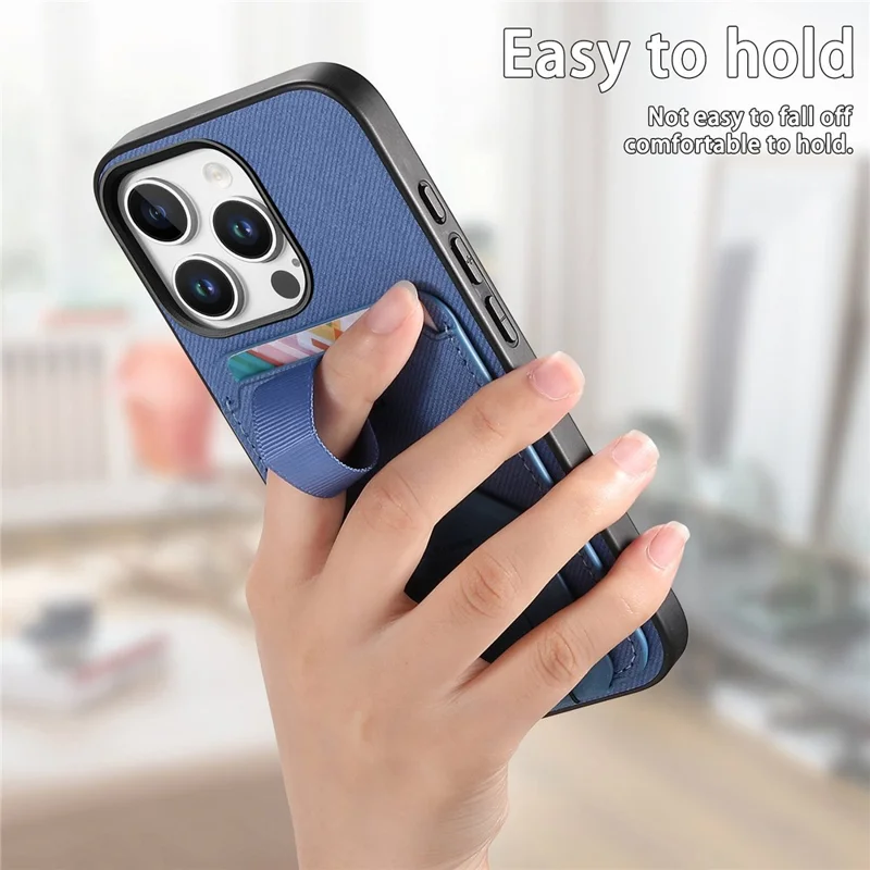 Funda para iPhone 16 Pro con textura de tela, compuesta de TPU, cuero PU y PC, con soporte y ranura para tarjetas - Azul