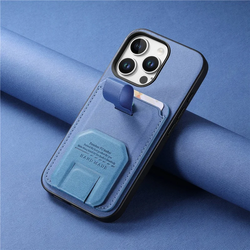 Funda para iPhone 16 Pro con textura de tela, compuesta de TPU, cuero PU y PC, con soporte y ranura para tarjetas - Azul