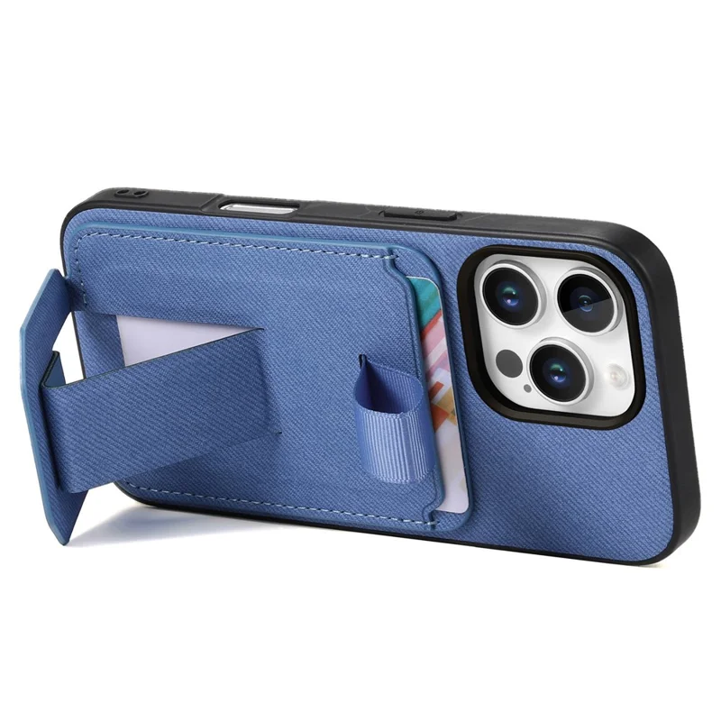 Funda para iPhone 16 Pro con textura de tela, compuesta de TPU, cuero PU y PC, con soporte y ranura para tarjetas - Azul