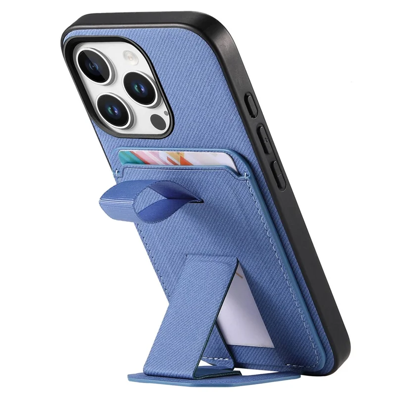 Funda para iPhone 16 Pro con textura de tela, compuesta de TPU, cuero PU y PC, con soporte y ranura para tarjetas - Azul