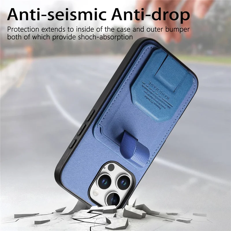 Funda para iPhone 16 Pro con textura de tela, compuesta de TPU, cuero PU y PC, con soporte y ranura para tarjetas - Azul