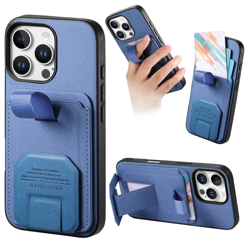 Чехол для iPhone 16 Pro Max с тканевой текстурой, из ТПУ, искусственной кожи и поликарбоната, с держателем карт и подставкой — синий