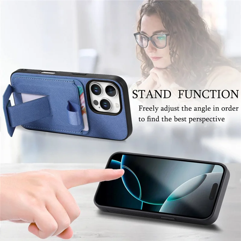 Чехол для iPhone 16 Pro Max с тканевой текстурой, из ТПУ, искусственной кожи и поликарбоната, с держателем карт и подставкой — синий