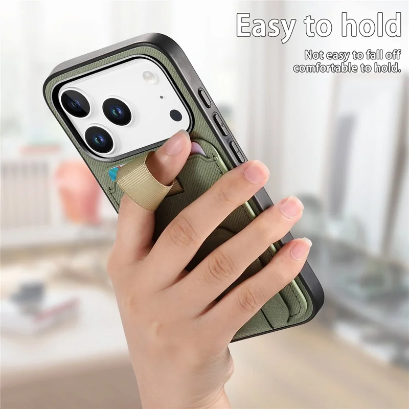 For iPhone 17 Pro Case Cloth Texture TPU PU Leather PC Phone Back Cover with Card Holder Kickstand - Green