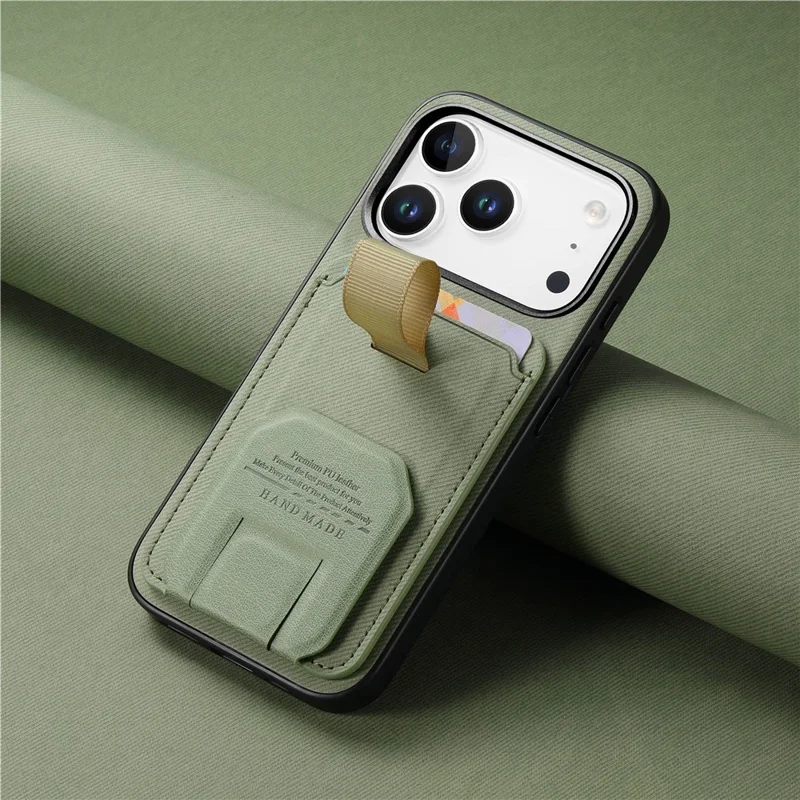 For iPhone 17 Pro Case Cloth Texture TPU PU Leather PC Phone Back Cover with Card Holder Kickstand - Green