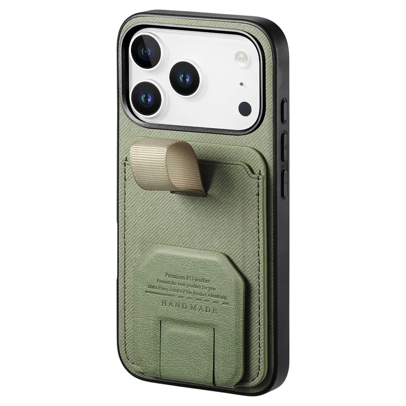 For iPhone 17 Pro Case Cloth Texture TPU PU Leather PC Phone Back Cover with Card Holder Kickstand - Green