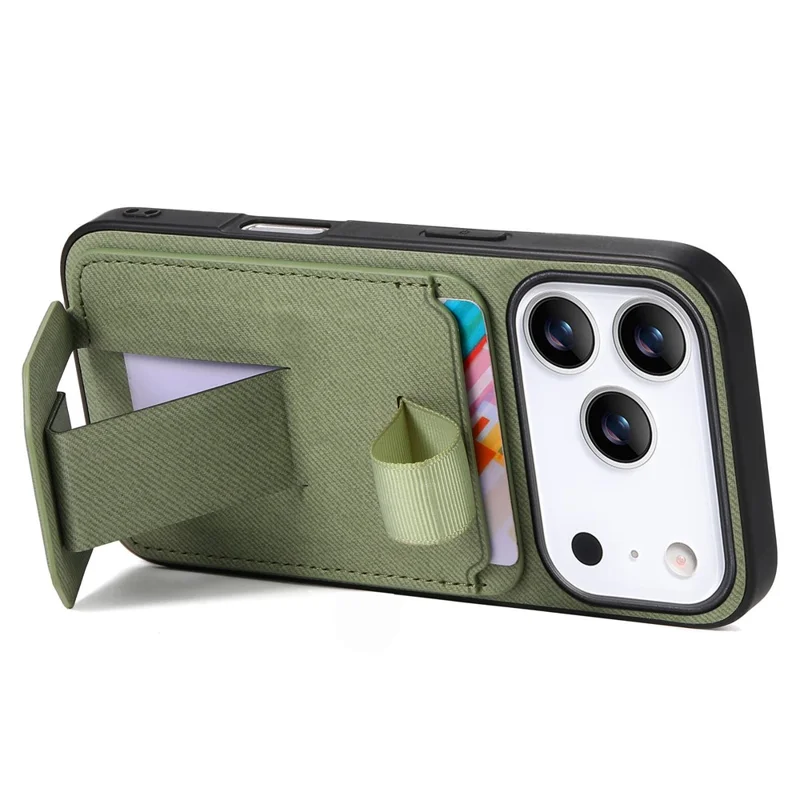 For iPhone 17 Pro Case Cloth Texture TPU PU Leather PC Phone Back Cover with Card Holder Kickstand - Green