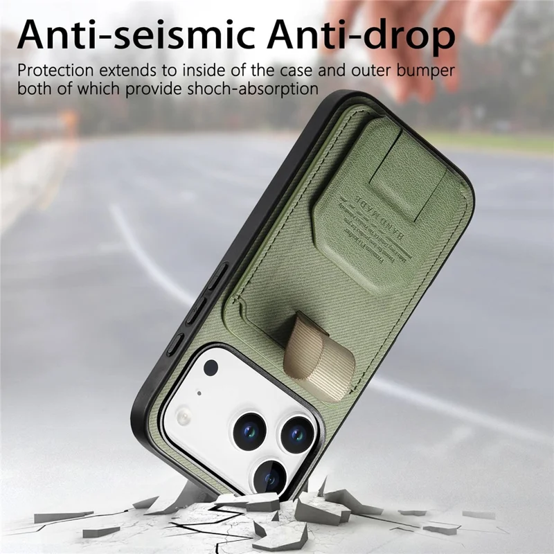 For iPhone 17 Pro Case Cloth Texture TPU PU Leather PC Phone Back Cover with Card Holder Kickstand - Green