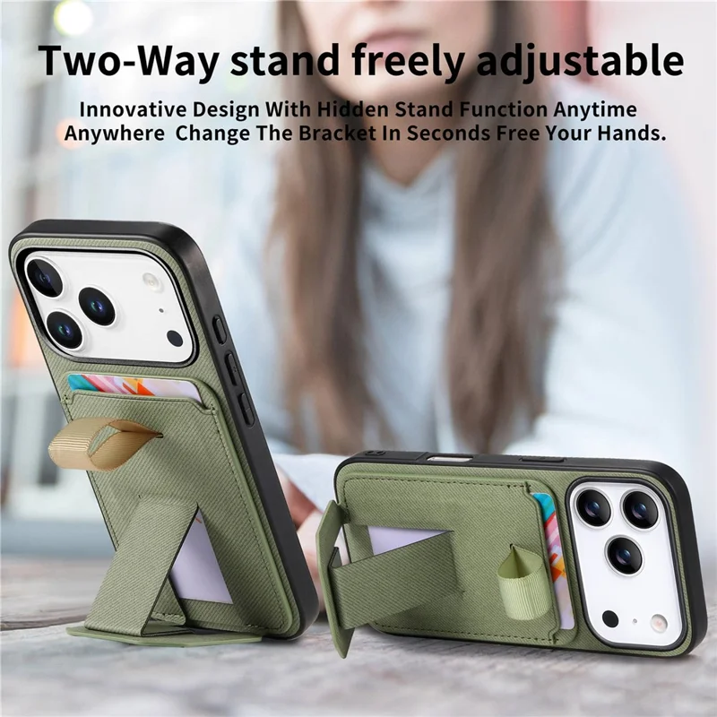 For iPhone 17 Pro Case Cloth Texture TPU PU Leather PC Phone Back Cover with Card Holder Kickstand - Green
