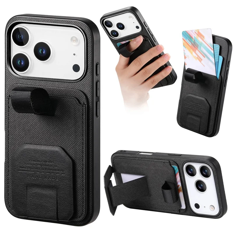 For iPhone 17 Pro Case Cloth Texture TPU PU Leather PC Phone Back Cover with Card Holder Kickstand - Black