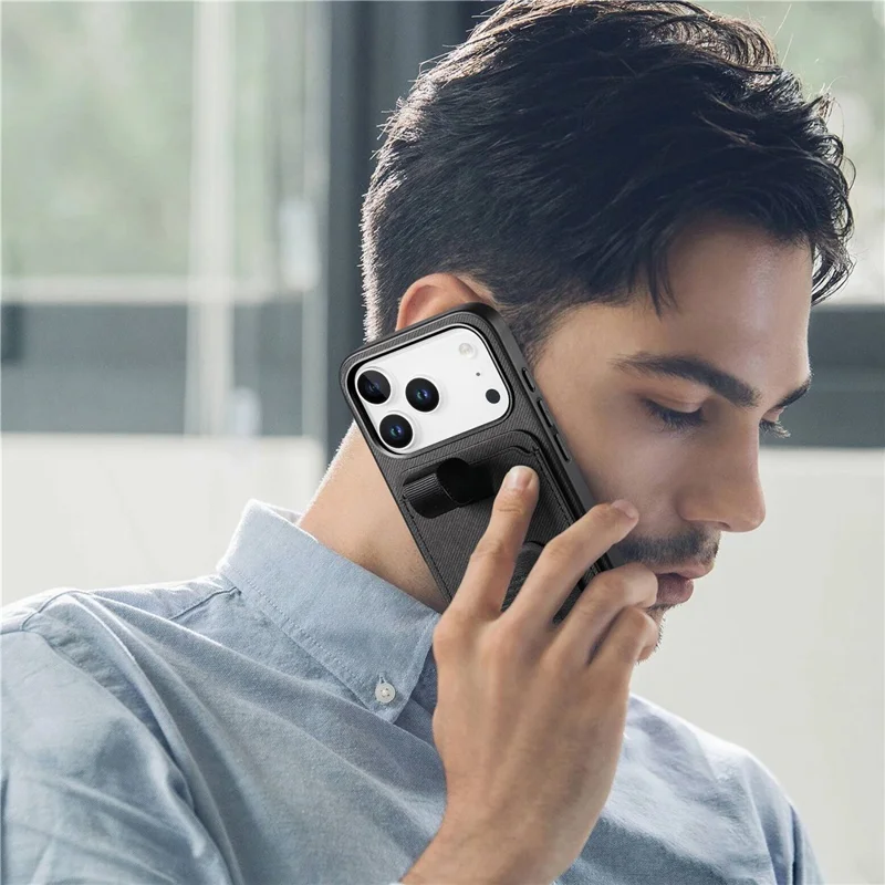 For iPhone 17 Pro Case Cloth Texture TPU PU Leather PC Phone Back Cover with Card Holder Kickstand - Black