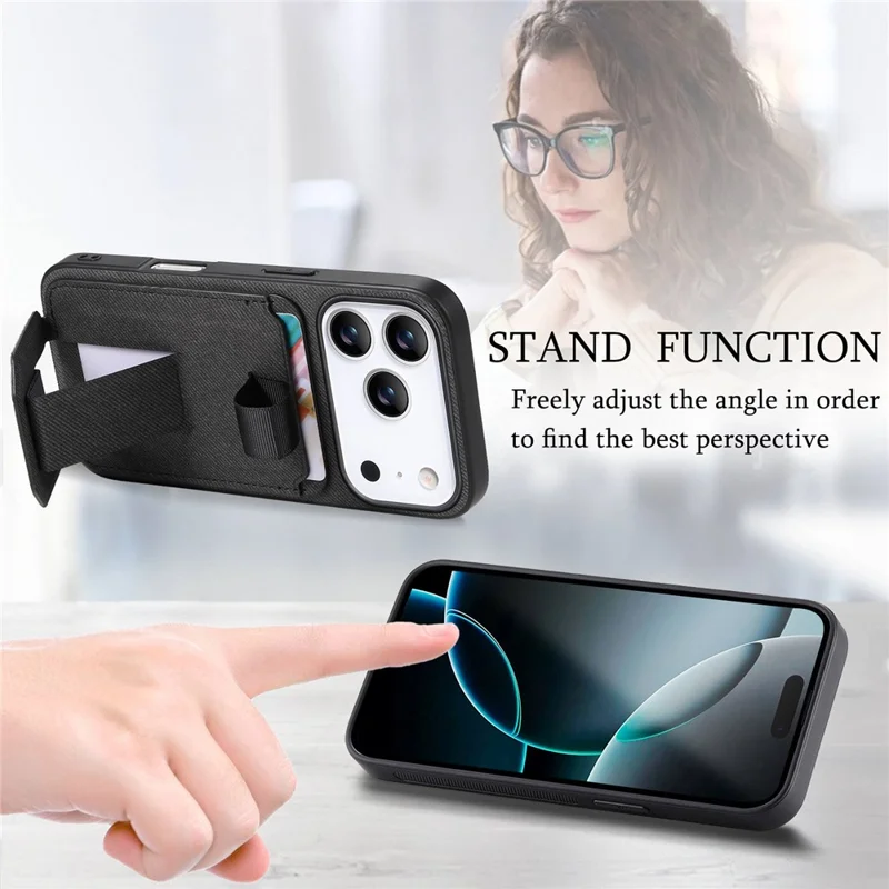 For iPhone 17 Pro Case Cloth Texture TPU PU Leather PC Phone Back Cover with Card Holder Kickstand - Black