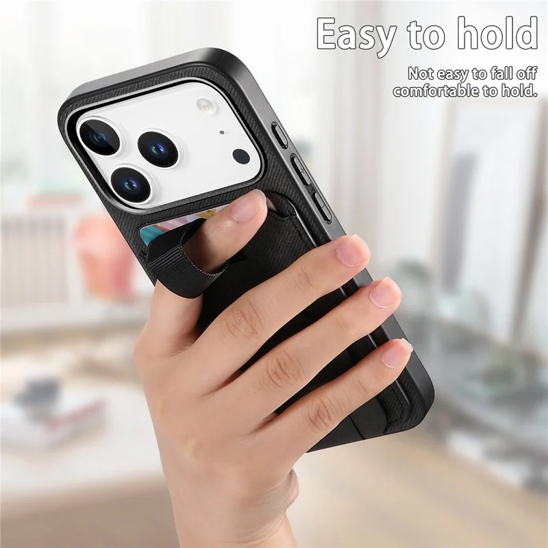 For iPhone 17 Pro Case Cloth Texture TPU PU Leather PC Phone Back Cover with Card Holder Kickstand - Black