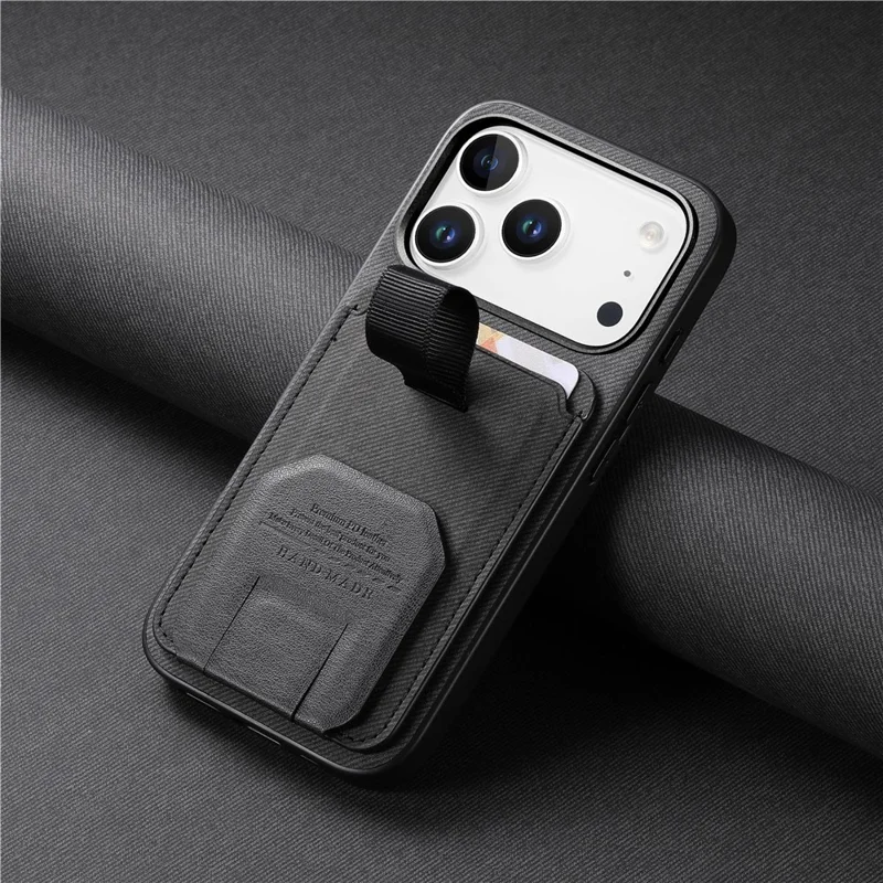 For iPhone 17 Pro Case Cloth Texture TPU PU Leather PC Phone Back Cover with Card Holder Kickstand - Black