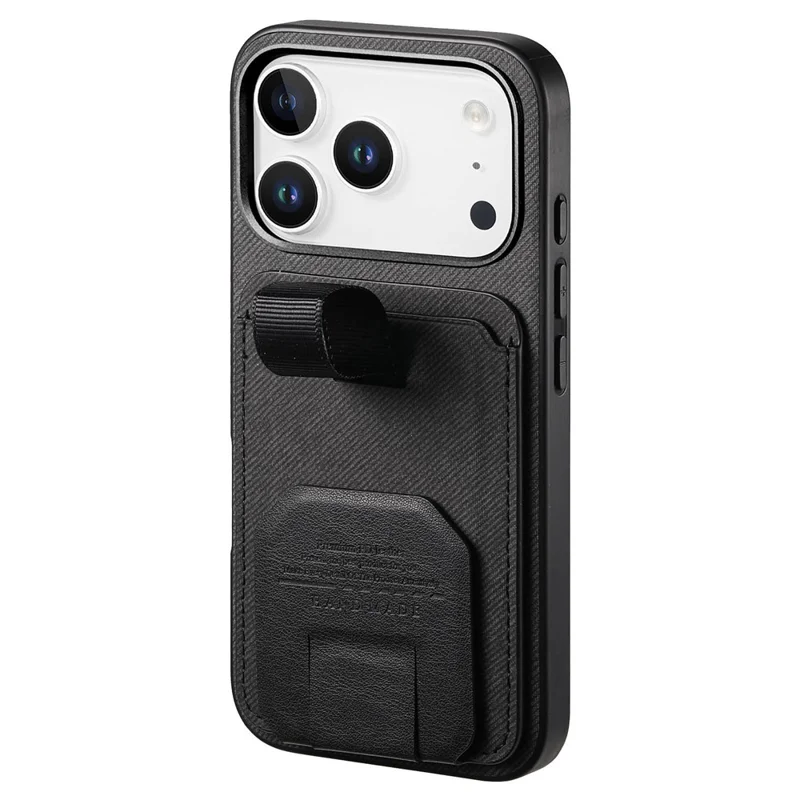 For iPhone 17 Pro Case Cloth Texture TPU PU Leather PC Phone Back Cover with Card Holder Kickstand - Black