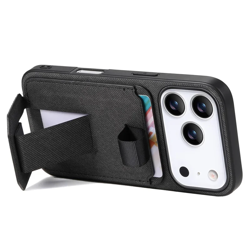 For iPhone 17 Pro Case Cloth Texture TPU PU Leather PC Phone Back Cover with Card Holder Kickstand - Black