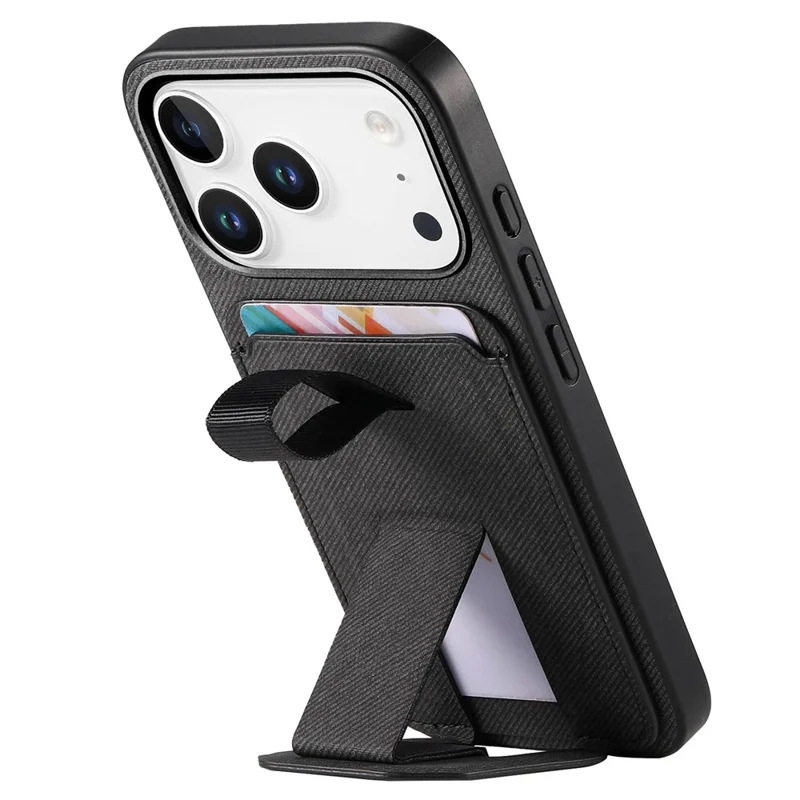 For iPhone 17 Pro Case Cloth Texture TPU PU Leather PC Phone Back Cover with Card Holder Kickstand - Black