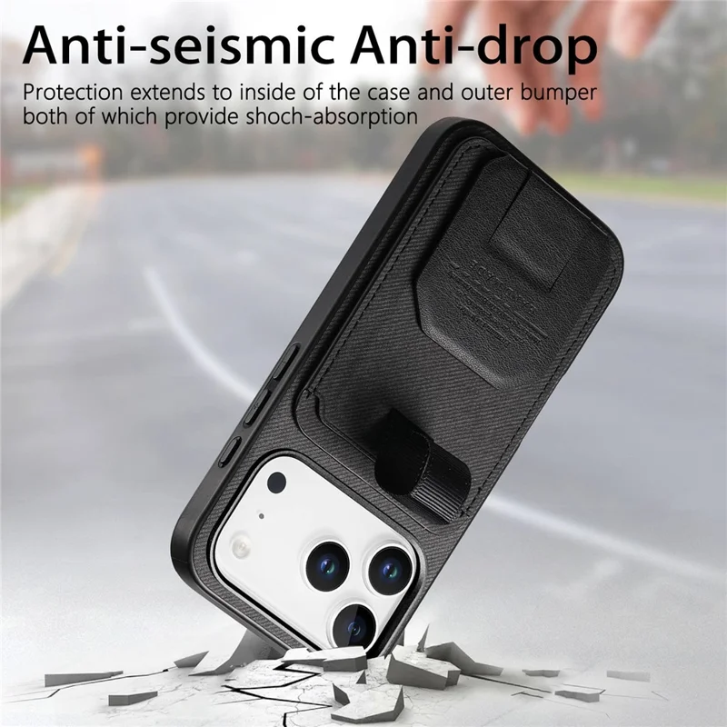 For iPhone 17 Pro Case Cloth Texture TPU PU Leather PC Phone Back Cover with Card Holder Kickstand - Black