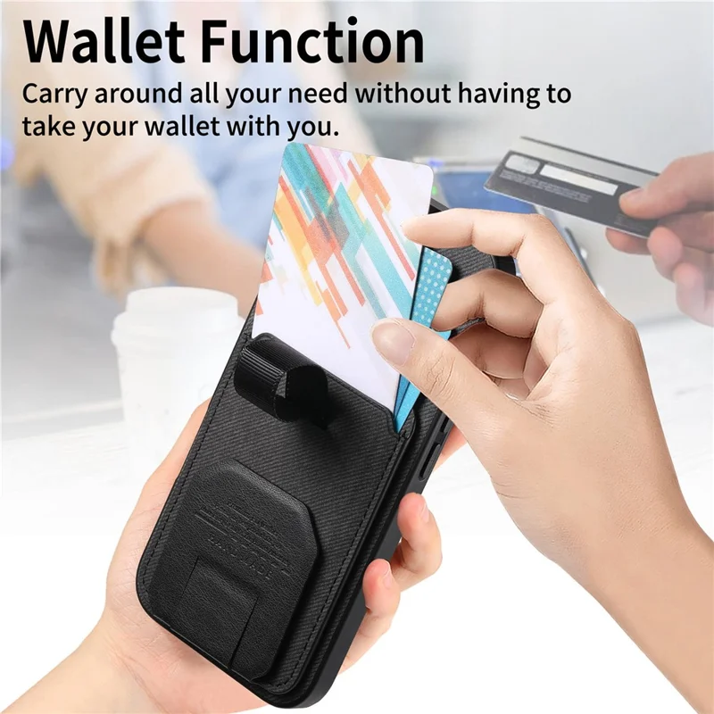 For iPhone 17 Pro Case Cloth Texture TPU PU Leather PC Phone Back Cover with Card Holder Kickstand - Black