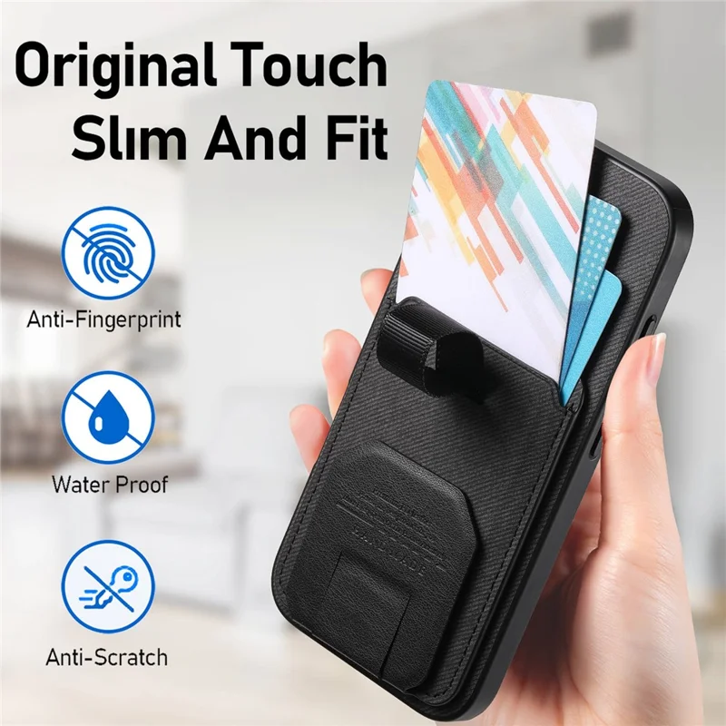 For iPhone 17 Pro Case Cloth Texture TPU PU Leather PC Phone Back Cover with Card Holder Kickstand - Black