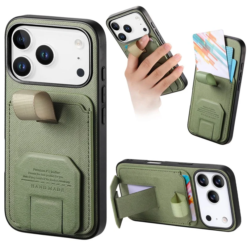 Til iPhone 17 Pro Max hylse med stoftekstur, TPU, PU-læder og PC bagside med kortlomme og kickstand - Grøn