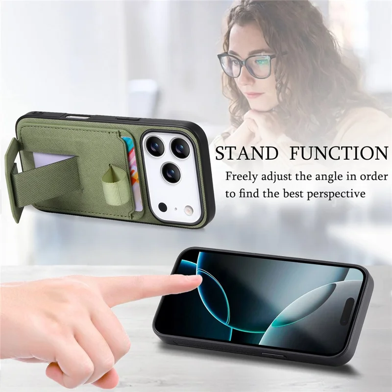 Til iPhone 17 Pro Max hylse med stoftekstur, TPU, PU-læder og PC bagside med kortlomme og kickstand - Grøn