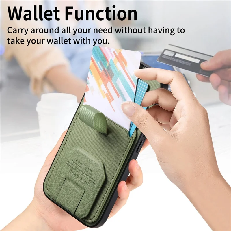 Til iPhone 17 Pro Max hylse med stoftekstur, TPU, PU-læder og PC bagside med kortlomme og kickstand - Grøn