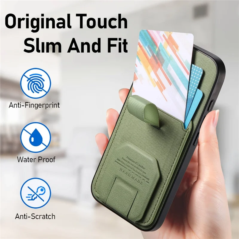 Til iPhone 17 Pro Max hylse med stoftekstur, TPU, PU-læder og PC bagside med kortlomme og kickstand - Grøn