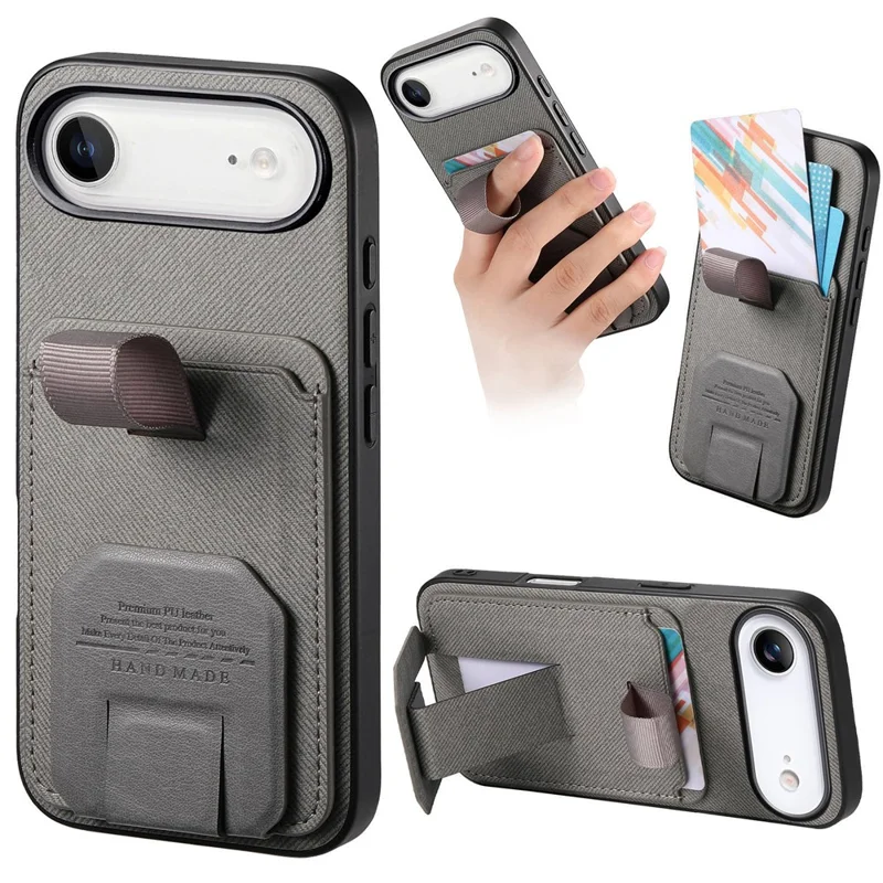 Til iPhone Air Case Stoftekstur TPU PU Læder PC Telefon Bagdæksel med Kortholder og Støtteben - Grå