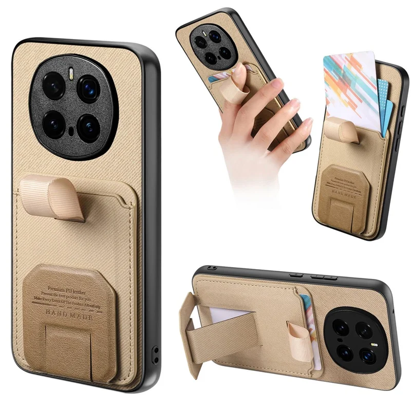 For Honor Magic7 Pro 5G Case Cloth Texture TPU PU Leather PC Phone Back Cover with Card Holder Kickstand - Khaki