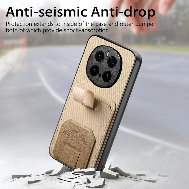 For Honor Magic7 Pro 5G Case Cloth Texture TPU PU Leather PC Phone Back Cover with Card Holder Kickstand - Khaki