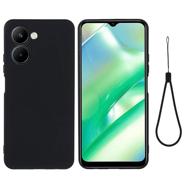Für Realme C33 2023 4G / C33 4G Flüssigsilikon-Handyhülle Anti-Kratzer Weicher Schutzumschlag mit Handschlaufe - Schwarz