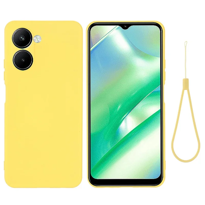 For Realme C33 2023 4G / C33 4G Liquid Silicone Cell Phone Case Anti-Scratch Soft Protective Cover with Strap - Yellow
