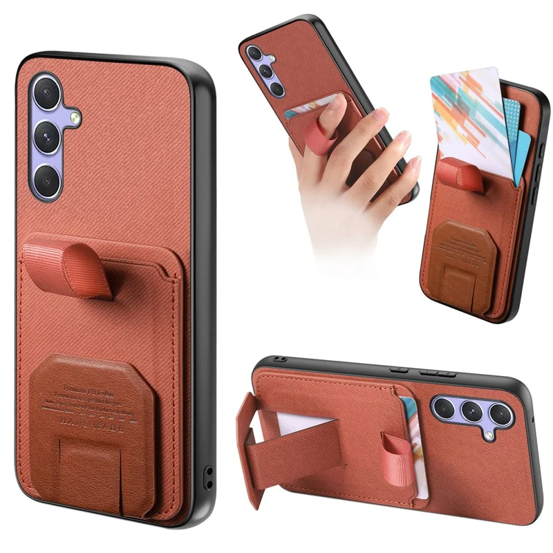 Funda para teléfono Samsung Galaxy A16 5G / 4G con textura de tela TPU PU cuero PC tapa trasera con soporte y ranura para tarjetas - Marrón