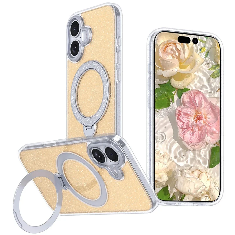 For iPhone 17 Magnetic Case Glitter Rotating Kickstand TPU Acrylic Shockproof Phone Cover - Orange