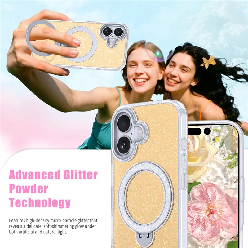 For iPhone 17 Magnetic Case Glitter Rotating Kickstand TPU Acrylic Shockproof Phone Cover - Orange