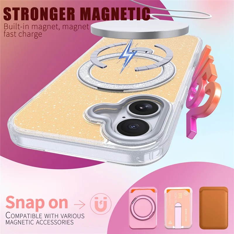 For iPhone 17 Magnetic Case Glitter Rotating Kickstand TPU Acrylic Shockproof Phone Cover - Orange