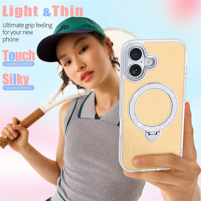 For iPhone 17 Magnetic Case Glitter Rotating Kickstand TPU Acrylic Shockproof Phone Cover - Orange