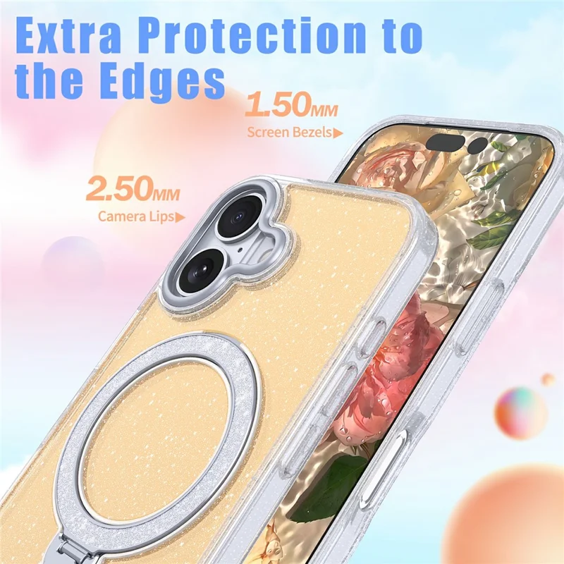 For iPhone 17 Magnetic Case Glitter Rotating Kickstand TPU Acrylic Shockproof Phone Cover - Orange