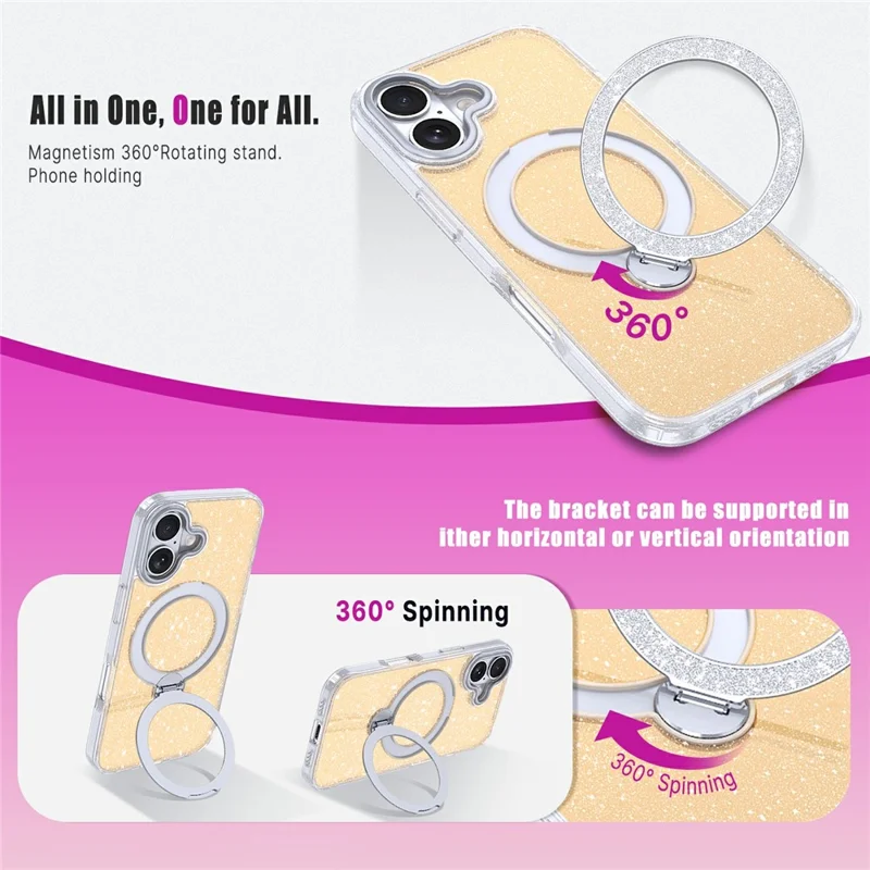 For iPhone 17 Magnetic Case Glitter Rotating Kickstand TPU Acrylic Shockproof Phone Cover - Orange