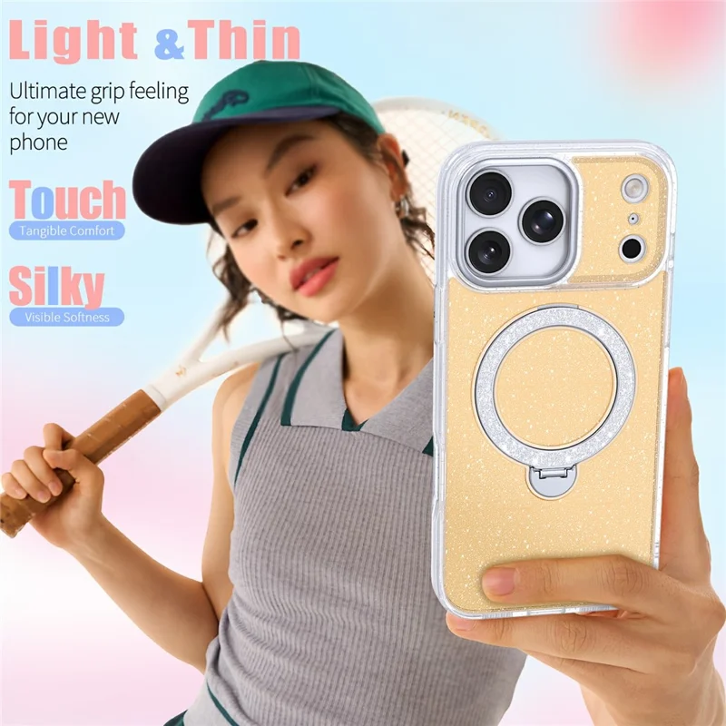 For iPhone 17 Pro Magnetic Case Glitter Rotating Kickstand TPU Acrylic Shockproof Phone Cover - Pink - Orange