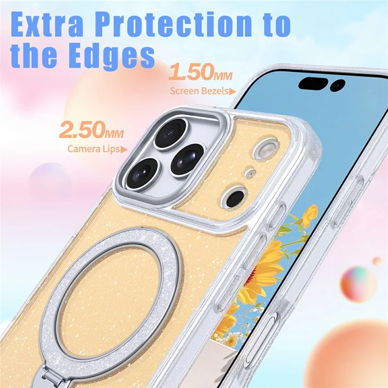For iPhone 17 Pro Magnetic Case Glitter Rotating Kickstand TPU Acrylic Shockproof Phone Cover - Pink - Orange