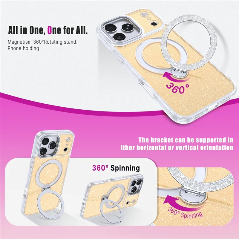 For iPhone 17 Pro Magnetic Case Glitter Rotating Kickstand TPU Acrylic Shockproof Phone Cover - Pink - Orange
