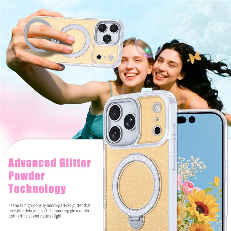 For iPhone 17 Pro Max Magnetic Case Glitter Rotating Kickstand TPU Acrylic Shockproof Phone Cover - Orange