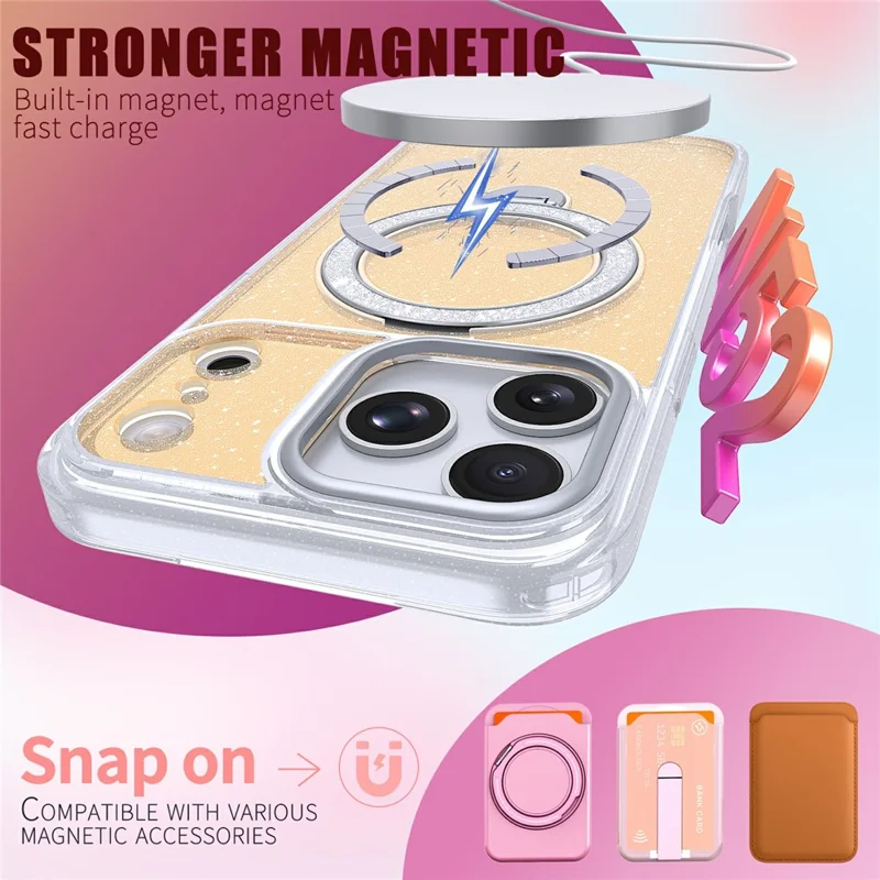 For iPhone 17 Pro Max Magnetic Case Glitter Rotating Kickstand TPU Acrylic Shockproof Phone Cover - Orange
