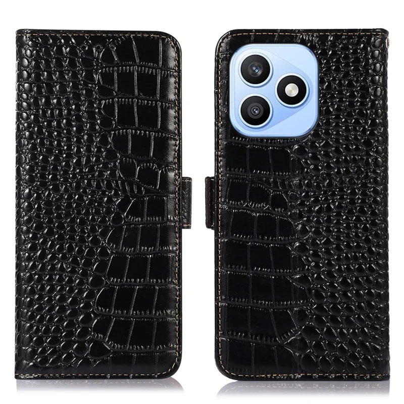 For Honor X8d 4G Case RFID Blocking Wallet Crocodile Texture Genuine Cow Leather Phone Cover - Black
