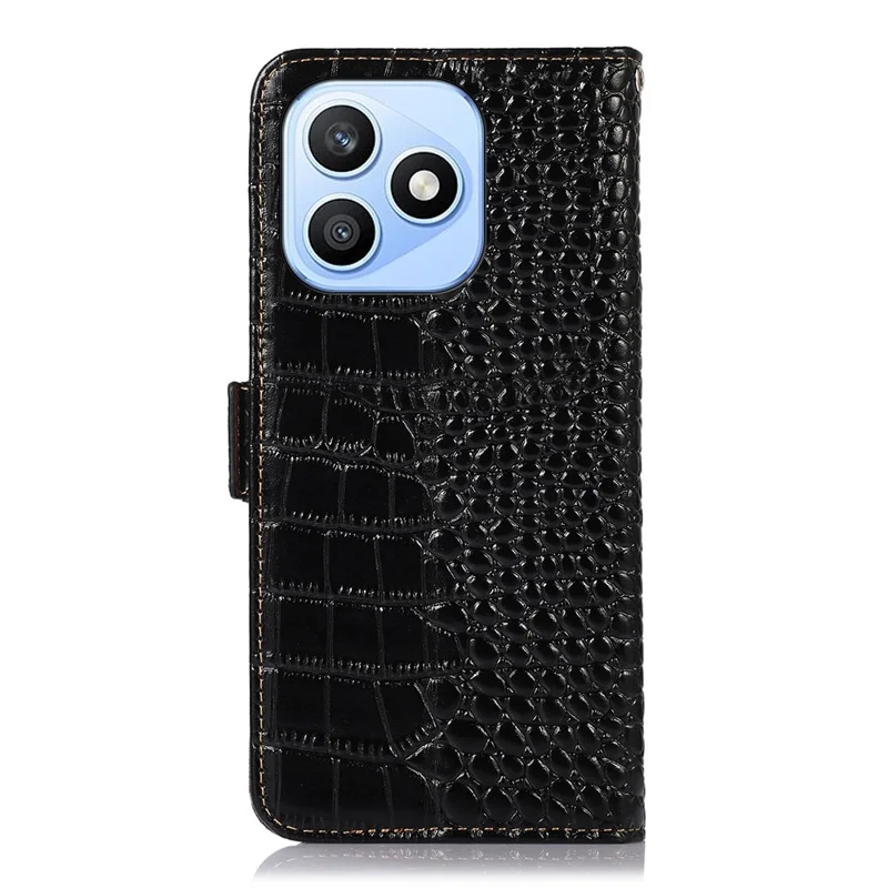 For Honor X8d 4G Case RFID Blocking Wallet Crocodile Texture Genuine Cow Leather Phone Cover - Black