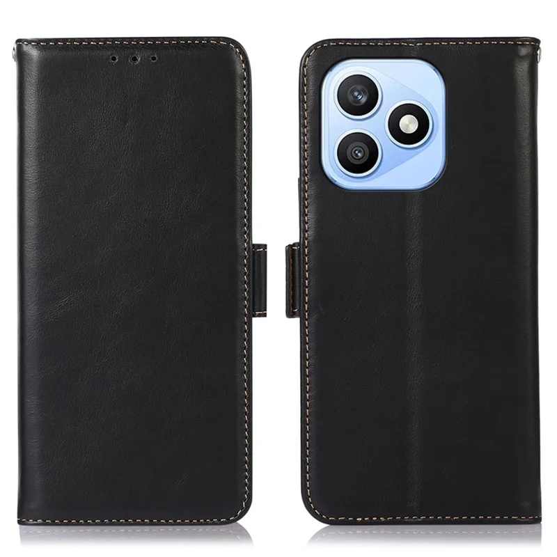 For Honor X8d 4G Case RFID Blocking Genuine Cow Leather Wallet Phone Cover - Black