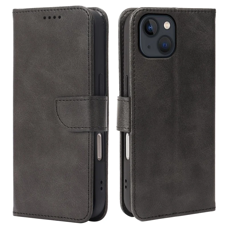 For iPhone 15 Case Wallet Stand Magnetic Clasp Closure Calf Texture Leather Phone Cover - Black