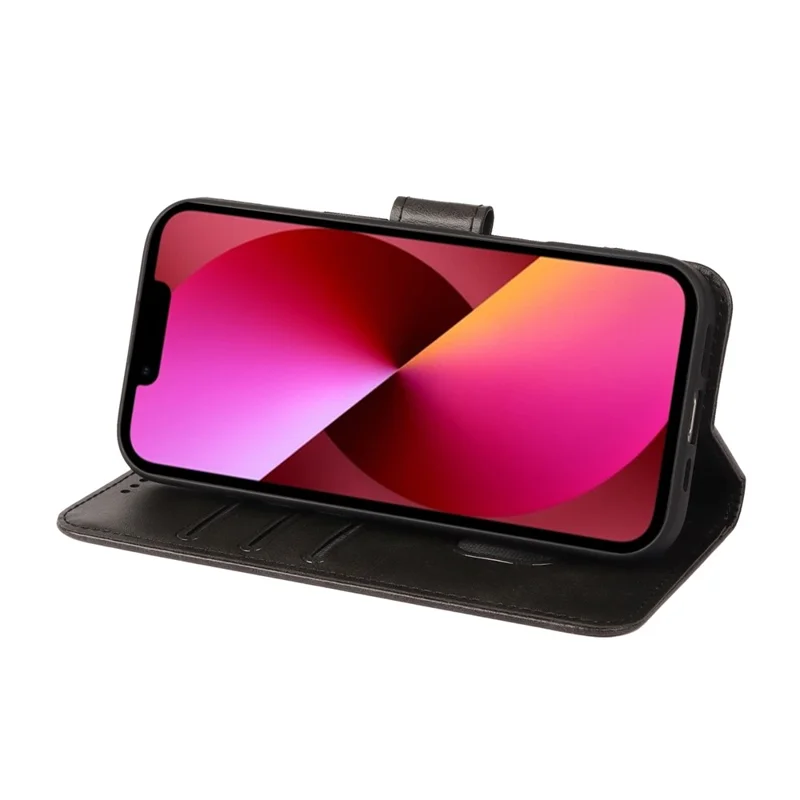 For iPhone 15 Case Wallet Stand Magnetic Clasp Closure Calf Texture Leather Phone Cover - Black